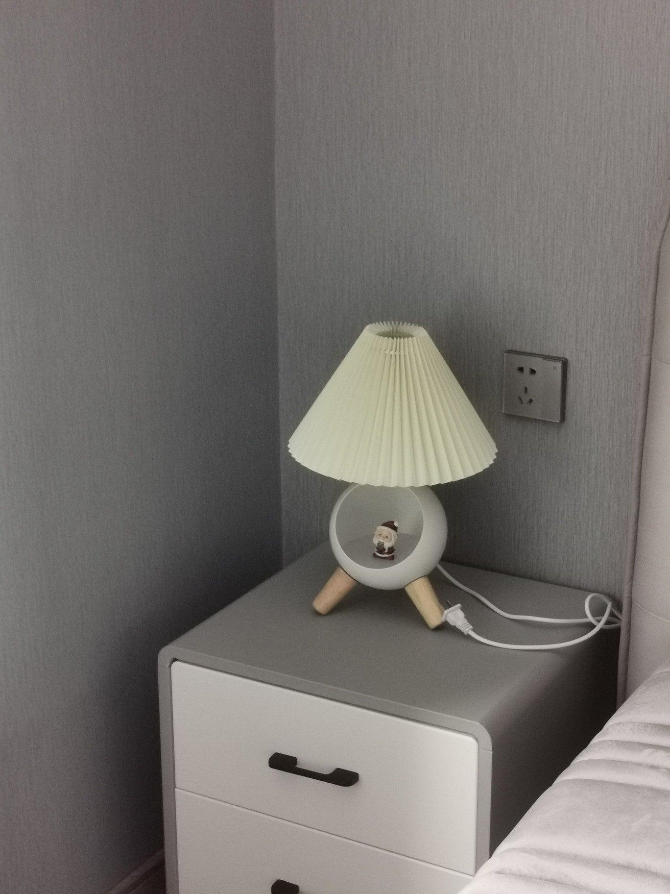 Mid Century Modern Small Wood Table Lamp with Ceramic Base and Fabric Shade