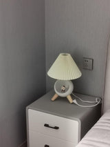 Mid Century Modern Small Wood Table Lamp with Ceramic Base and Fabric Shade