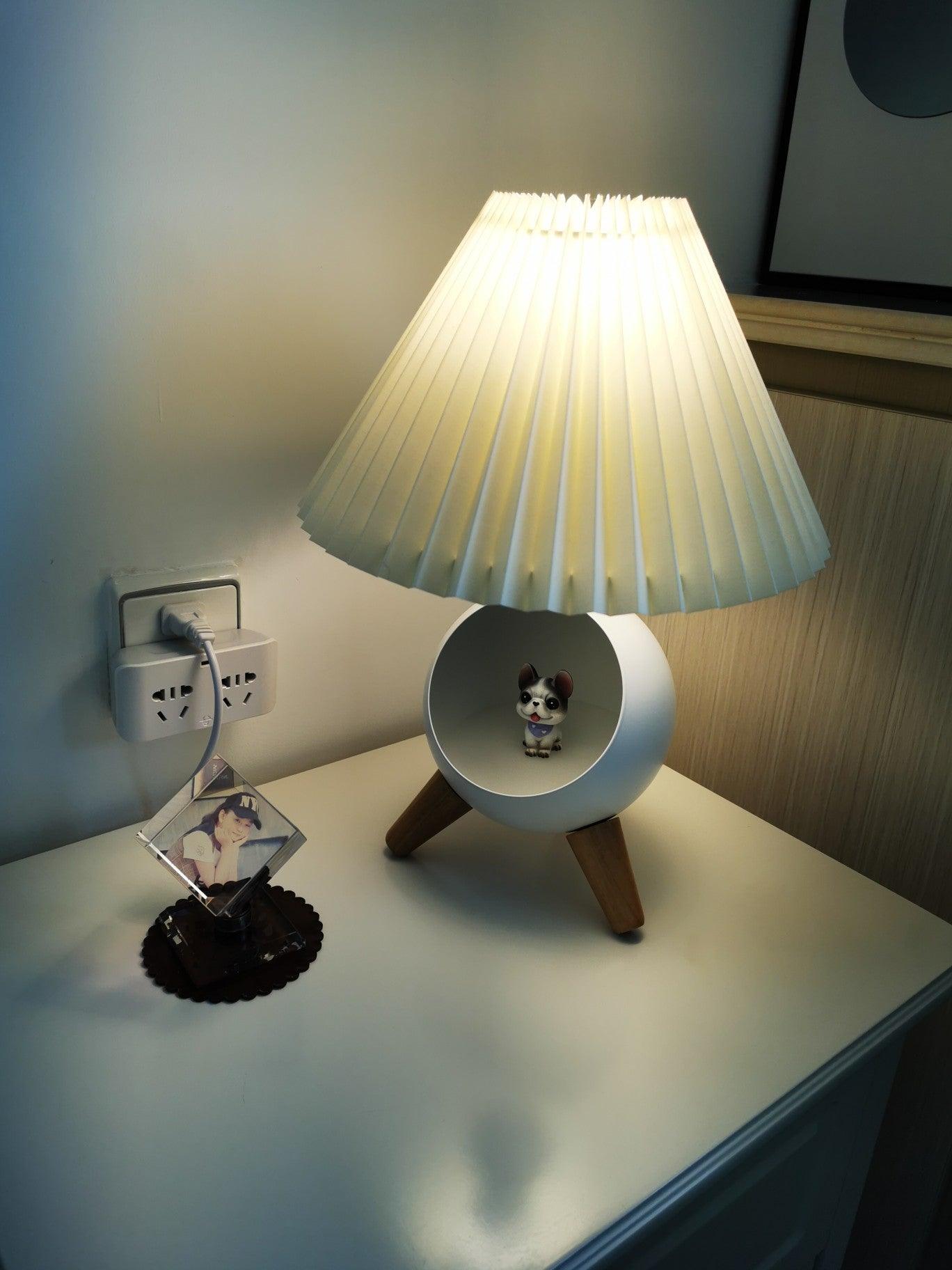Mid Century Modern Small Wood Table Lamp with Ceramic Base and Fabric Shade
