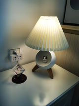 Mid Century Modern Small Wood Table Lamp with Ceramic Base and Fabric Shade