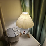 Mid Century Modern Small Wood Table Lamp with Ceramic Base and Fabric Shade