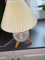 Mid Century Modern Small Wood Table Lamp with Ceramic Base and Fabric Shade