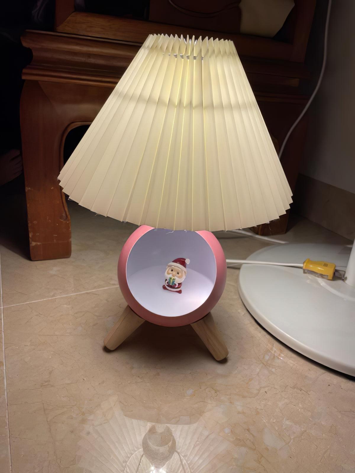Mid Century Modern Small Wood Table Lamp with Ceramic Base and Fabric Shade