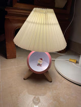 Mid Century Modern Small Wood Table Lamp with Ceramic Base and Fabric Shade