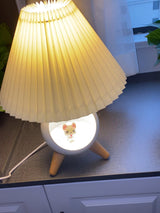Mid Century Modern Small Wood Table Lamp with Ceramic Base and Fabric Shade