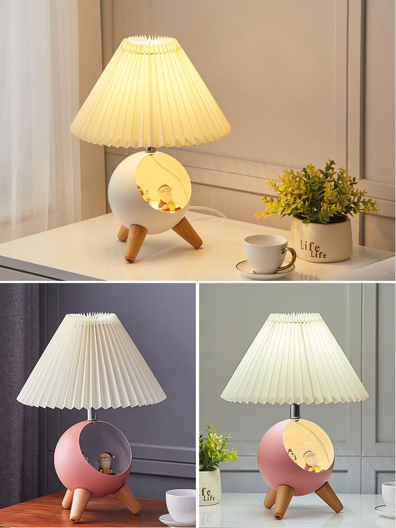 Mid Century Modern Small Wood Table Lamp with Ceramic Base and Fabric Shade