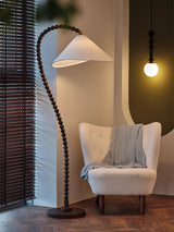 Rustic Wooden Bead Floor Lamp with White Fabric Shade for Mid Century Modern Interior Lighting