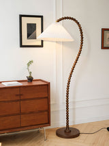Rustic Wooden Bead Floor Lamp with White Fabric Shade for Mid Century Modern Interior Lighting