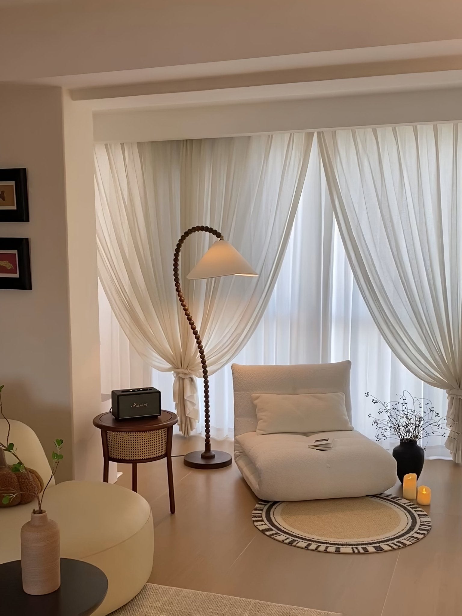 Rustic Wooden Bead Floor Lamp with White Fabric Shade for Mid Century Modern Interior Lighting