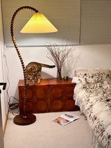 Rustic Wooden Bead Floor Lamp with White Fabric Shade for Mid Century Modern Interior Lighting