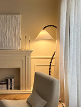 Rustic Wooden Bead Floor Lamp with White Fabric Shade for Mid Century Modern Interior Lighting