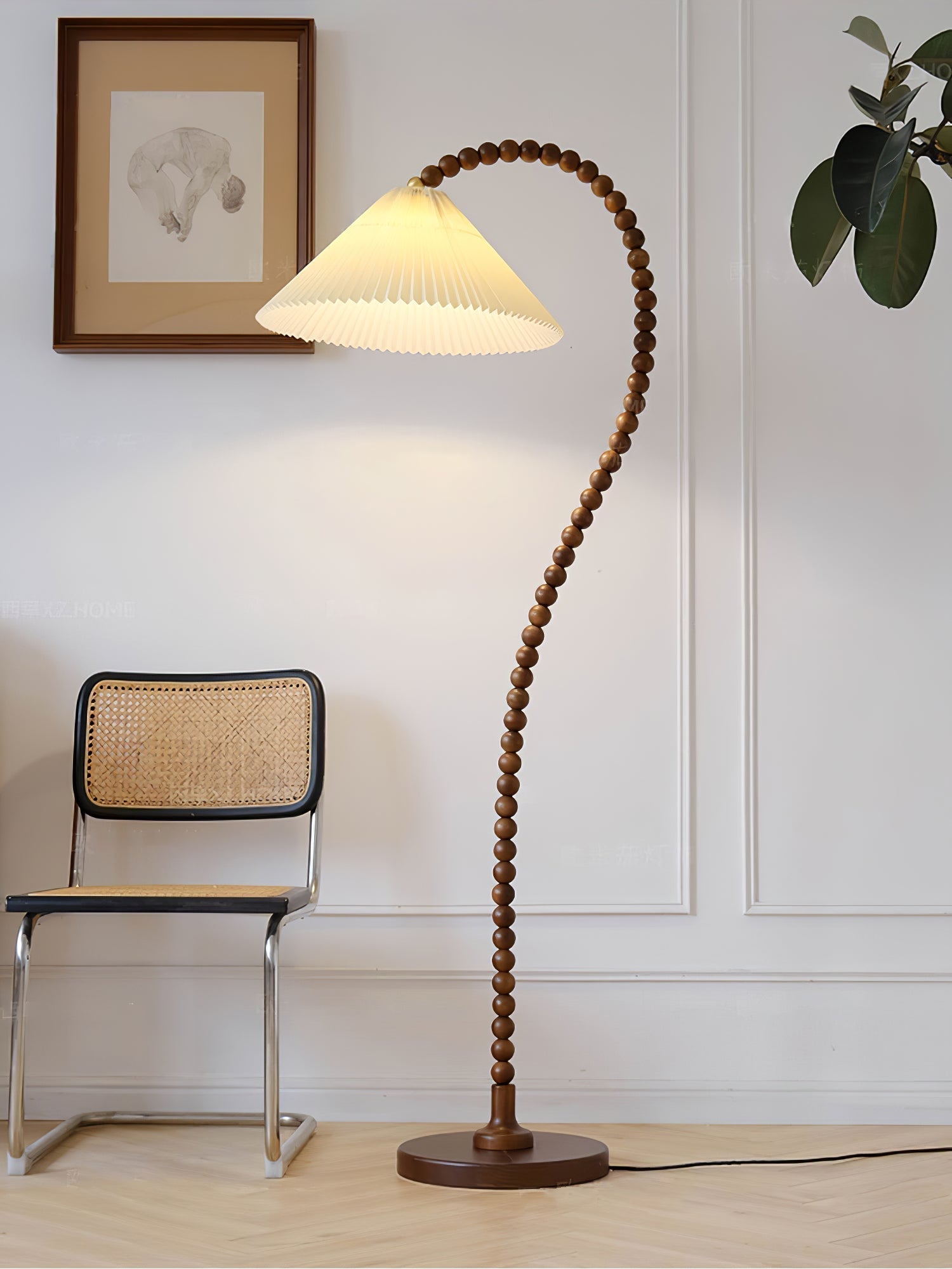 Rustic Wooden Bead Floor Lamp with White Fabric Shade for Mid Century Modern Interior Lighting