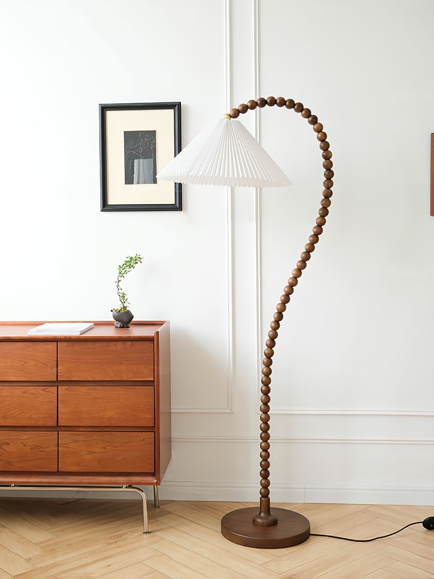 Rustic Wooden Bead Floor Lamp with White Fabric Shade for Mid Century Modern Interior Lighting