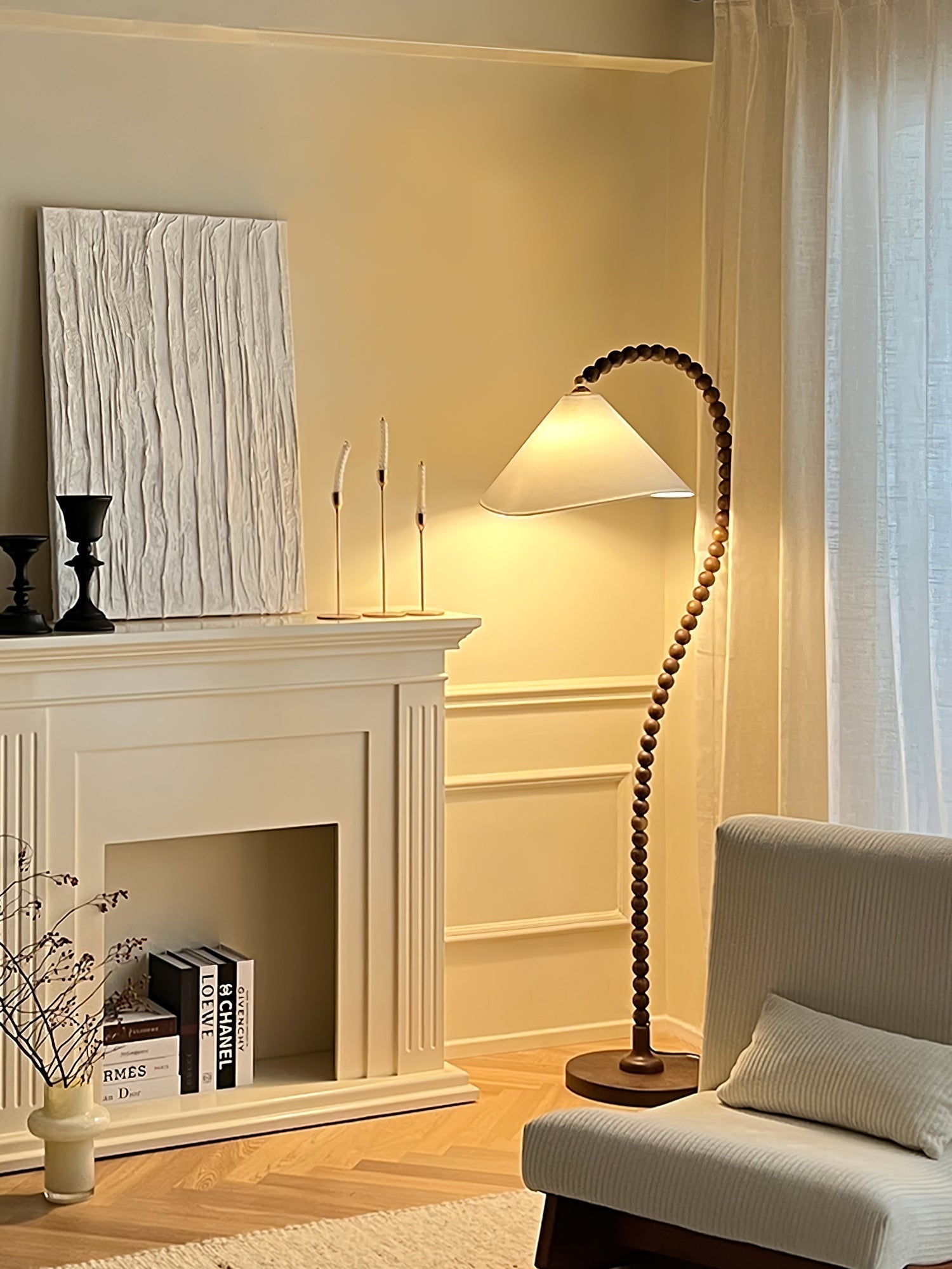 Rustic Wooden Bead Floor Lamp with White Fabric Shade for Mid Century Modern Interior Lighting