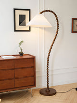 Rustic Wooden Bead Floor Lamp with White Fabric Shade for Mid Century Modern Interior Lighting