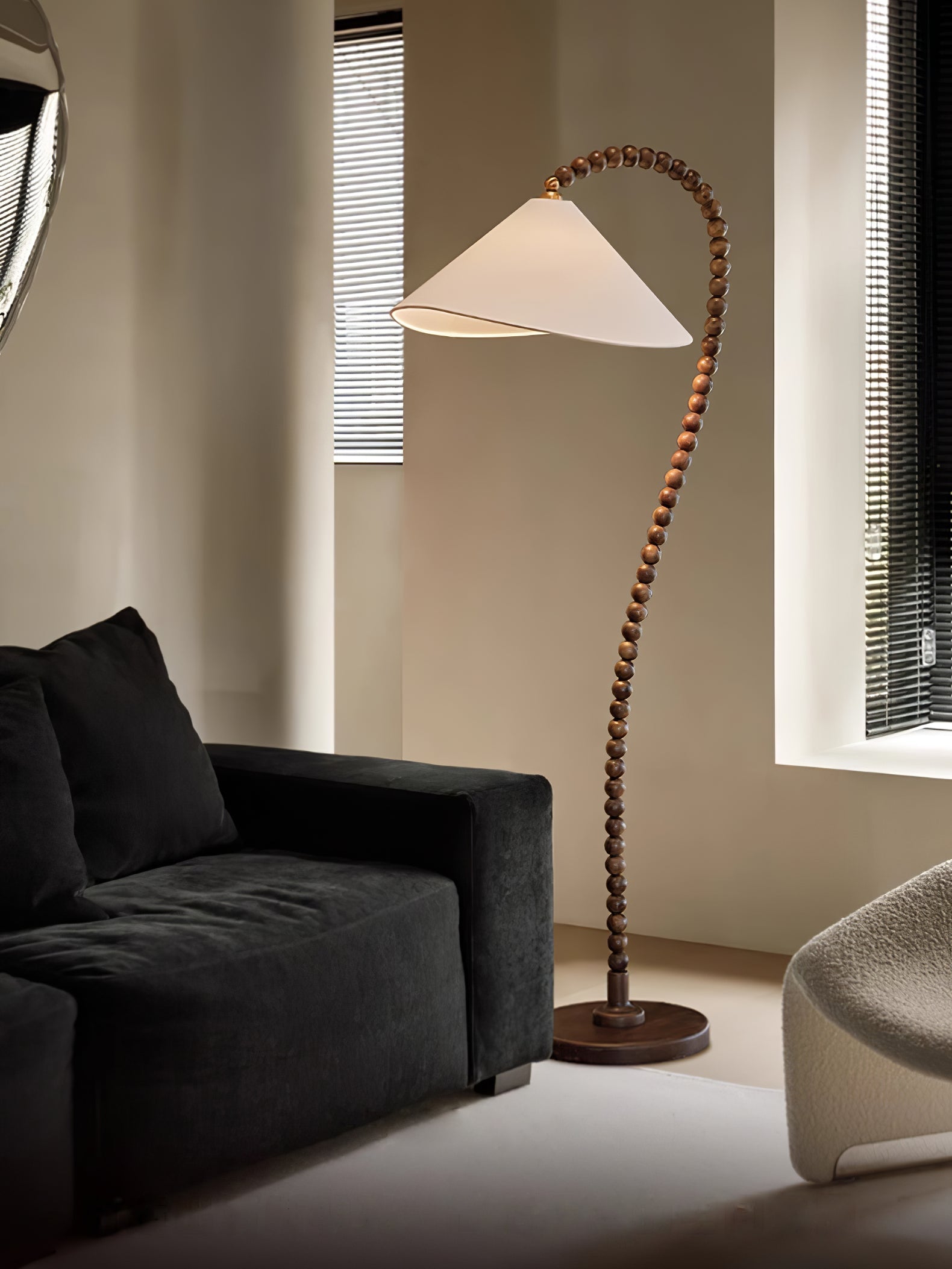 Rustic Wooden Bead Floor Lamp with White Fabric Shade for Mid Century Modern Interior Lighting