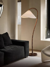 Rustic Wooden Bead Floor Lamp with White Fabric Shade for Mid Century Modern Interior Lighting