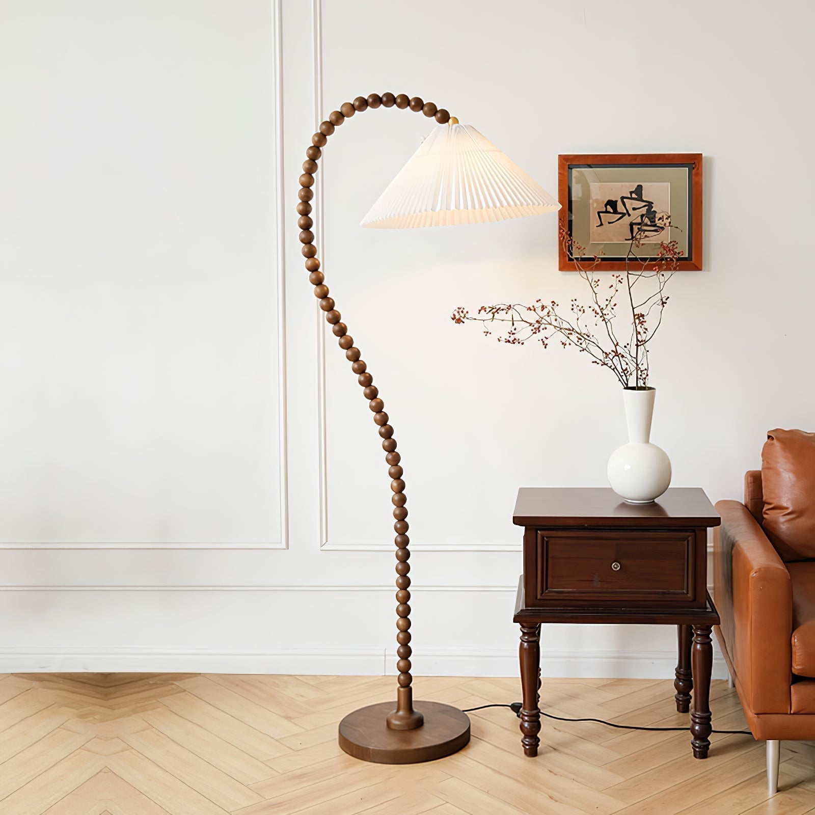 Rustic Wooden Bead Floor Lamp with White Fabric Shade for Mid Century Modern Interior Lighting