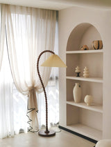 Rustic Wooden Bead Floor Lamp with White Fabric Shade for Mid Century Modern Interior Lighting
