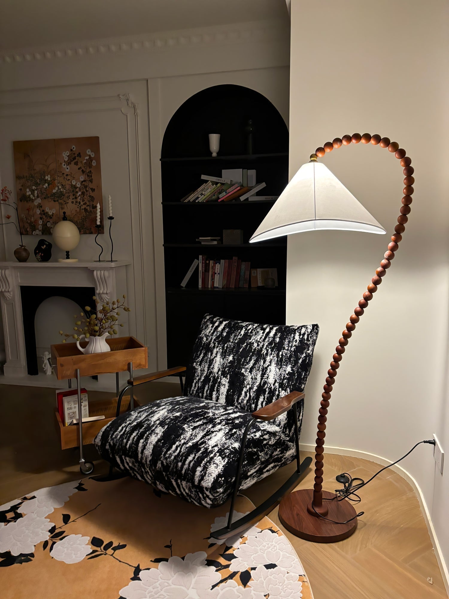 Rustic Wooden Bead Floor Lamp with White Fabric Shade for Mid Century Modern Interior Lighting