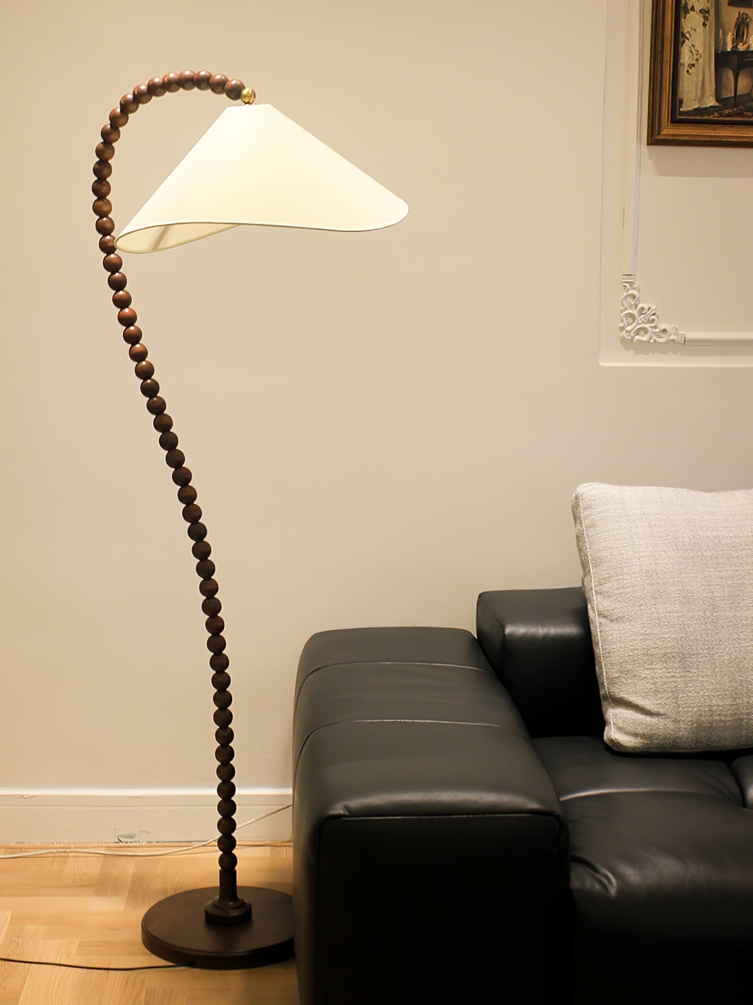 Rustic Wooden Bead Floor Lamp with White Fabric Shade for Mid Century Modern Interior Lighting