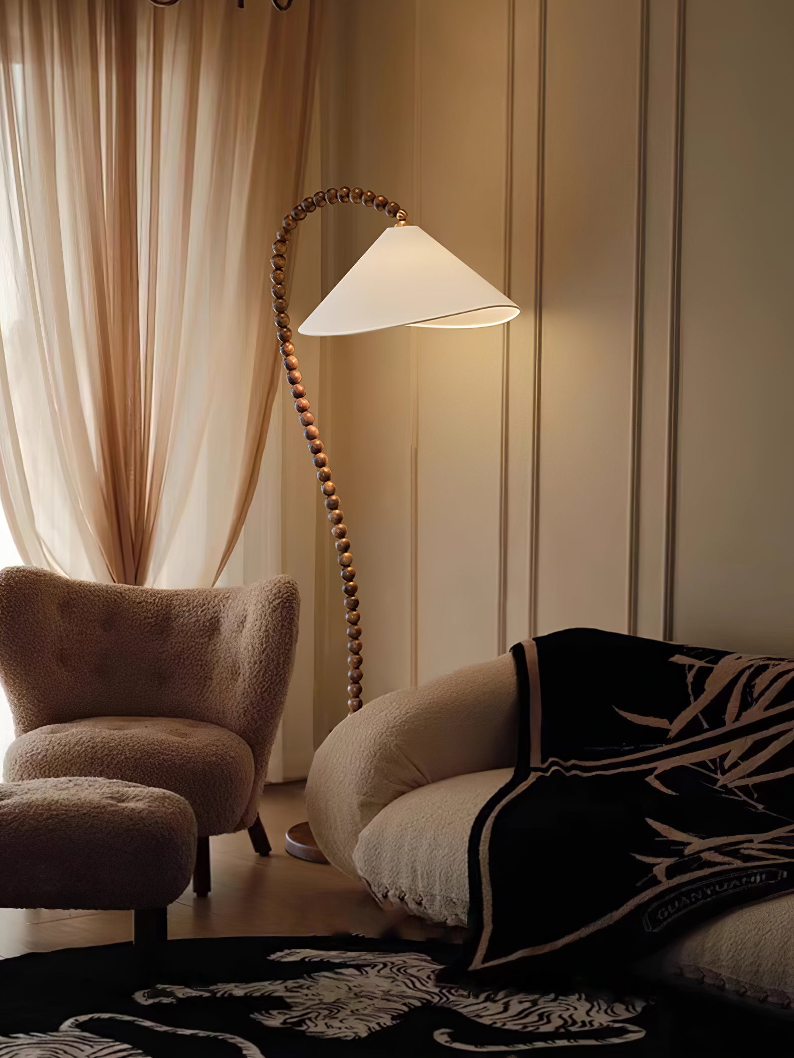 Rustic Wooden Bead Floor Lamp with White Fabric Shade for Mid Century Modern Interior Lighting