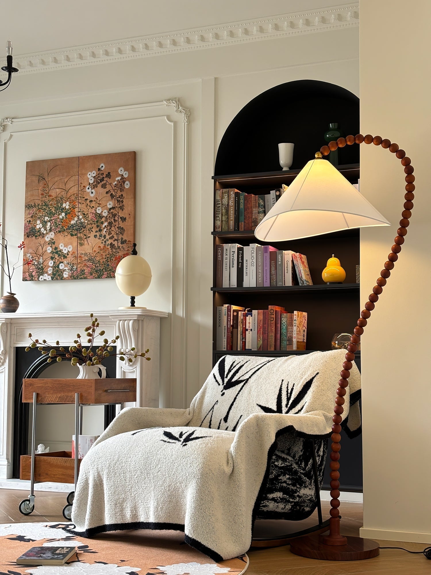 Rustic Wooden Bead Floor Lamp with White Fabric Shade for Mid Century Modern Interior Lighting