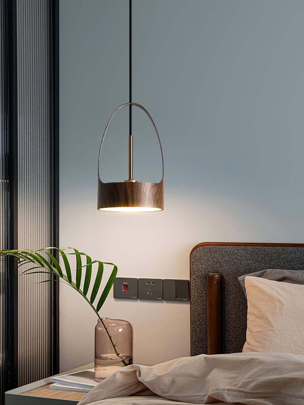 contemporary-walnut-wood-finish-led-bucket-pendant-light-mid-century-design-for-kitchen-islands