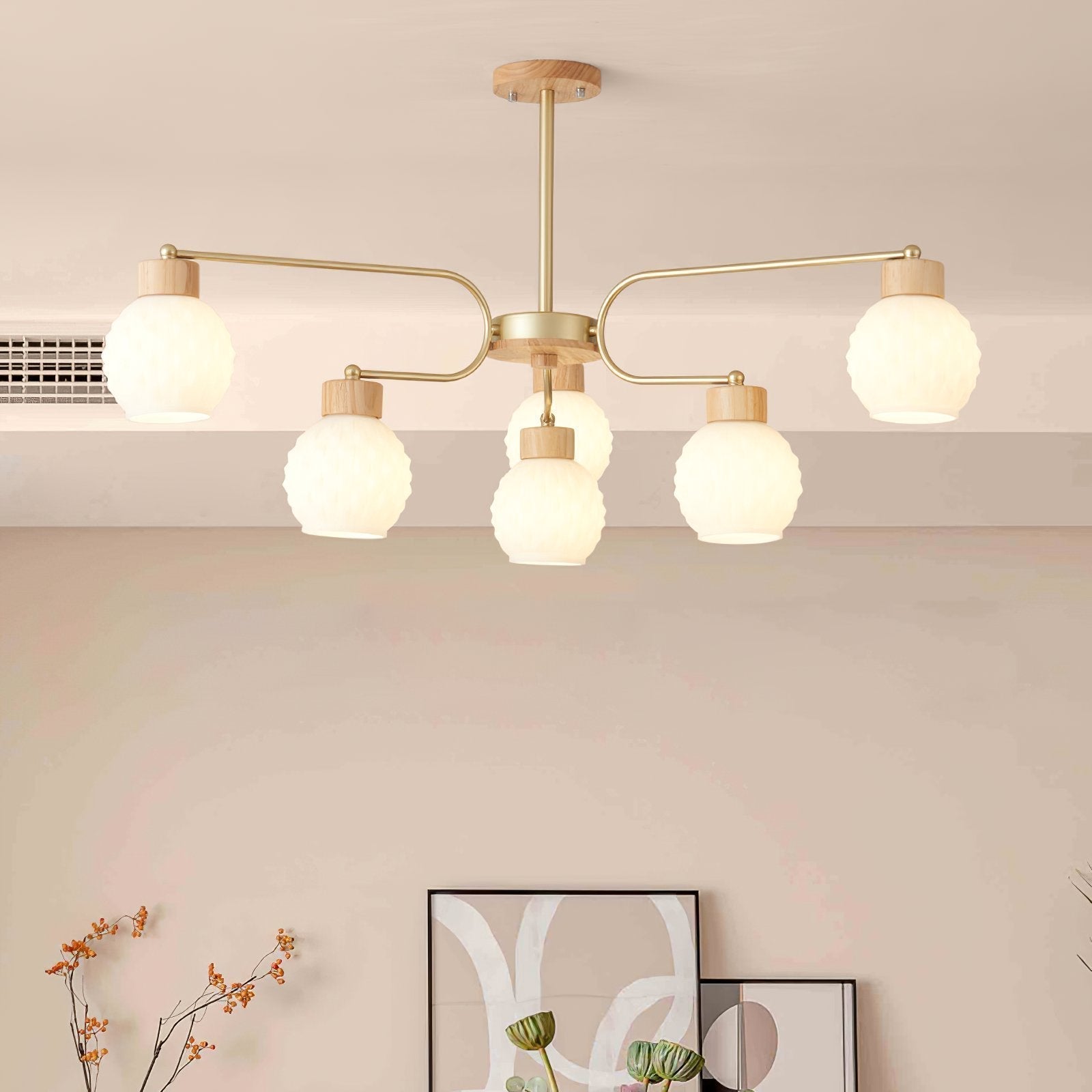 modern-scandinavian-rubber-wood-pineapple-chandelier-with-white-glass-shades