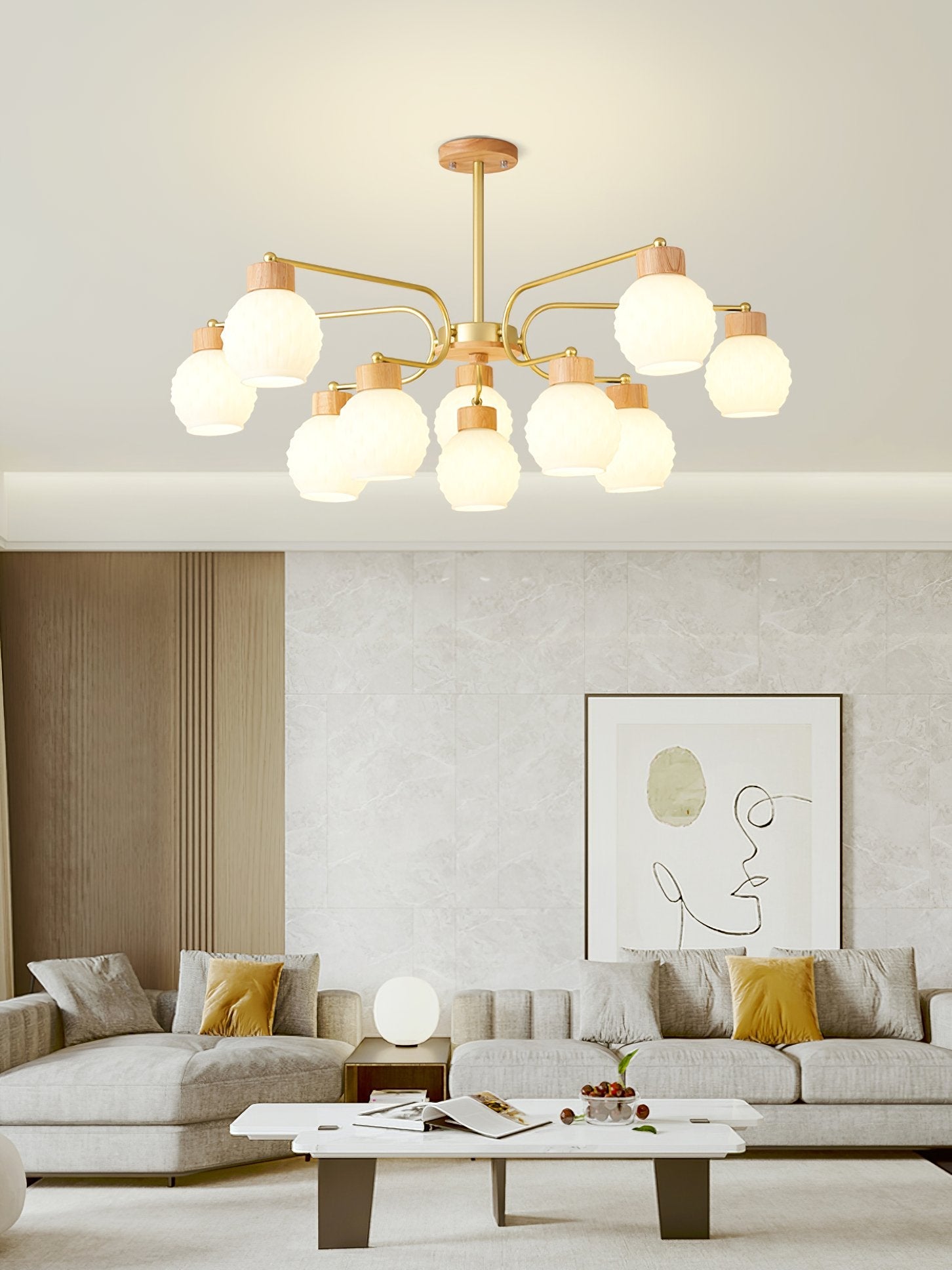 modern-scandinavian-rubber-wood-pineapple-chandelier-with-white-glass-shades