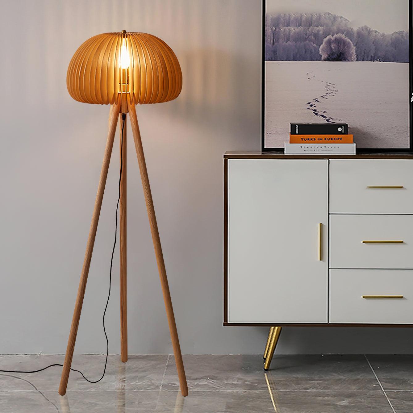 Modern Wooden Pumpkin Floor Lamp Handcrafted Wood Standing Light for Living Room and Bedroom