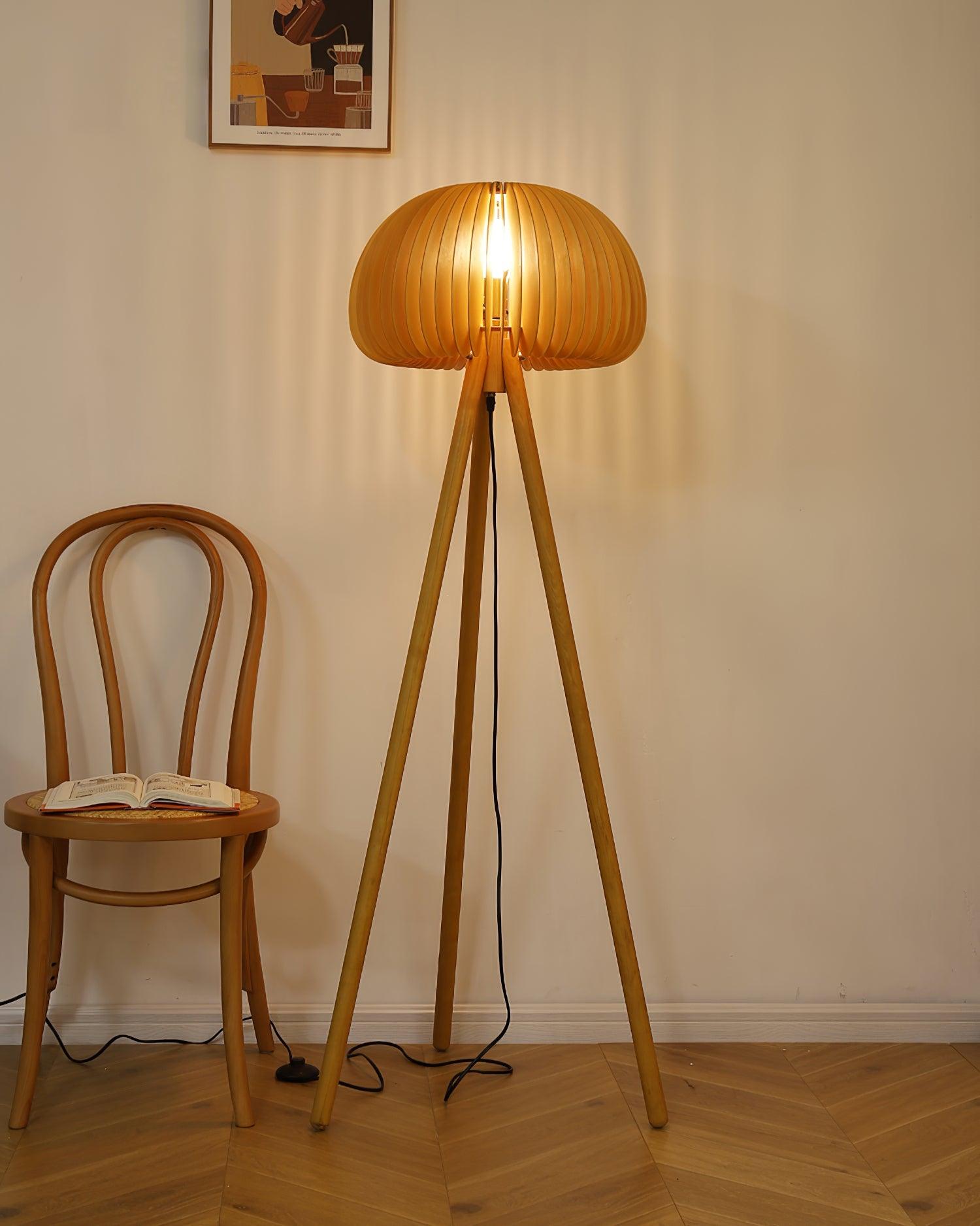 Modern Wooden Pumpkin Floor Lamp Handcrafted Wood Standing Light for Living Room and Bedroom