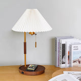 Retro Wooden Bedside Table Lamp with Pleated Fabric Shade Mid Century Modern Desk Light