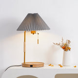 Retro Wooden Bedside Table Lamp with Pleated Fabric Shade Mid Century Modern Desk Light