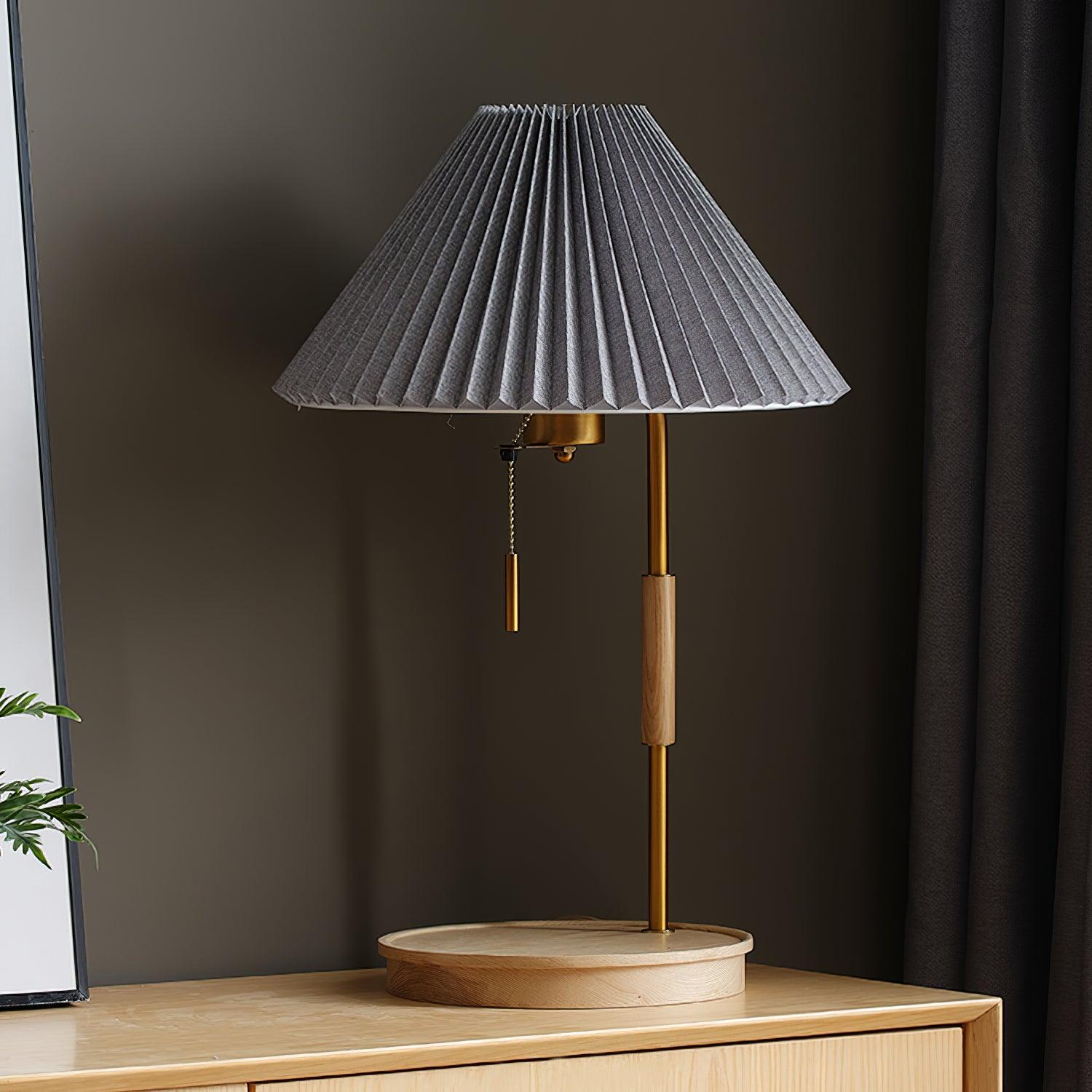 Retro Wooden Bedside Table Lamp with Pleated Fabric Shade Mid Century Modern Desk Light