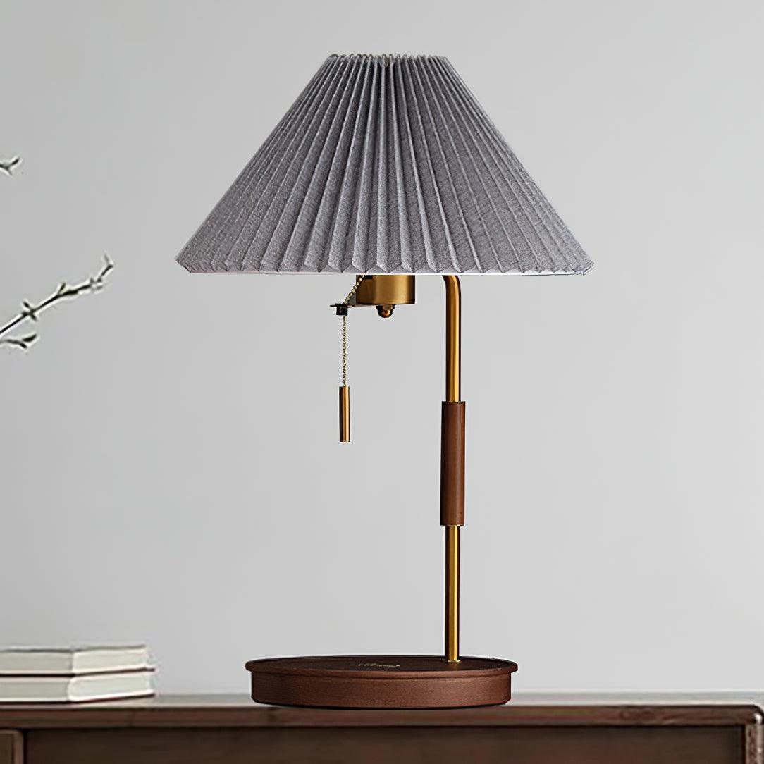Retro Wooden Bedside Table Lamp with Pleated Fabric Shade Mid Century Modern Desk Light