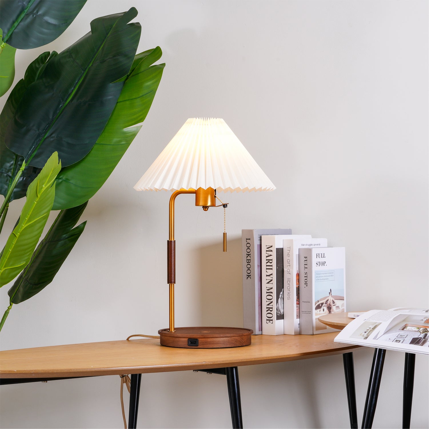 Retro Wooden Bedside Table Lamp with Pleated Fabric Shade Mid Century Modern Desk Light