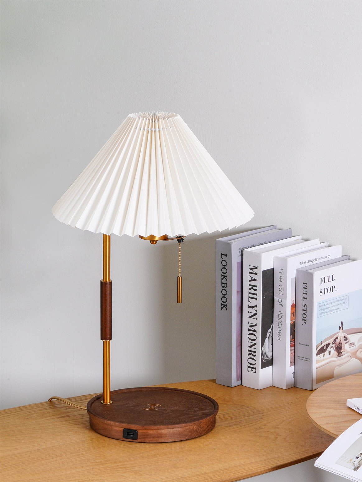 Retro Wooden Bedside Table Lamp with Pleated Fabric Shade Mid Century Modern Desk Light