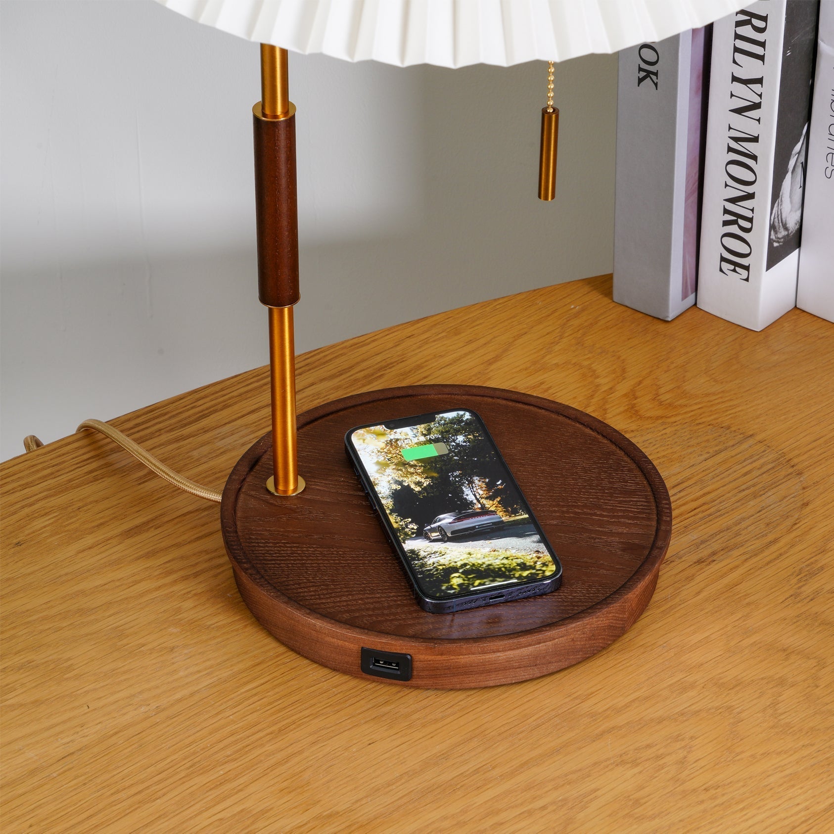 Retro Wooden Bedside Table Lamp with Pleated Fabric Shade Mid Century Modern Desk Light