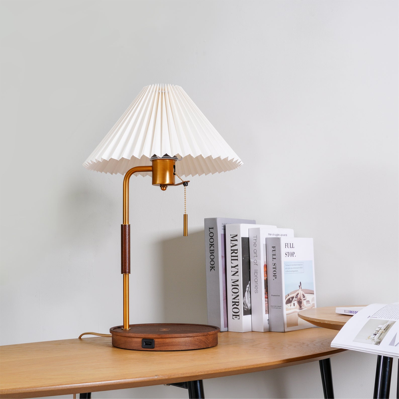 Retro Wooden Bedside Table Lamp with Pleated Fabric Shade Mid Century Modern Desk Light