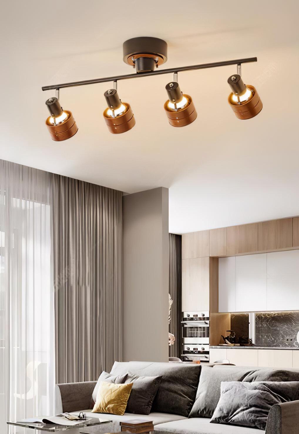 Modern 4 Light Adjustable Wooden Spot Ceiling Lamp with Oak Walnut Finish for Interior Decor
