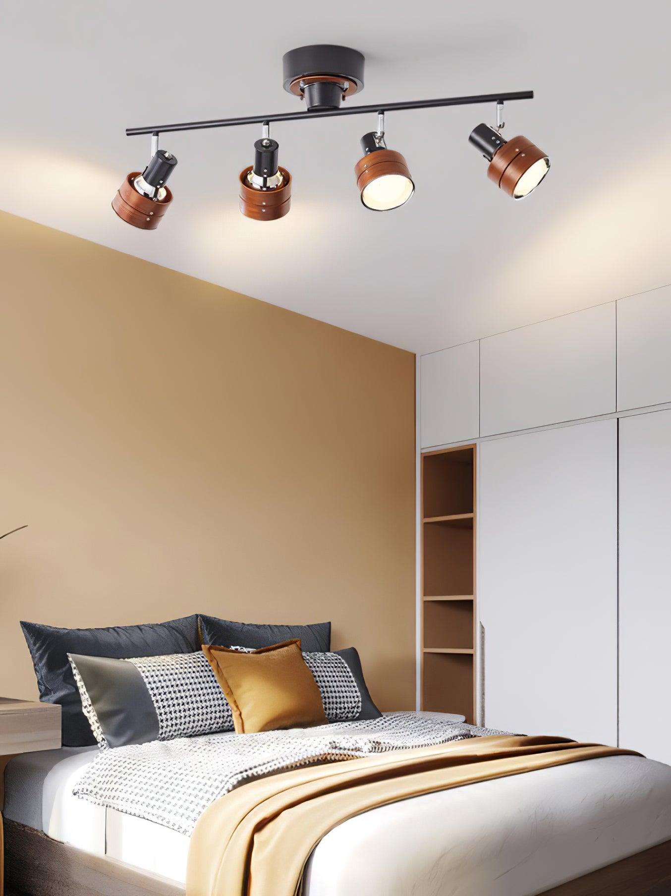 Modern 4 Light Adjustable Wooden Spot Ceiling Lamp with Oak Walnut Finish for Interior Decor
