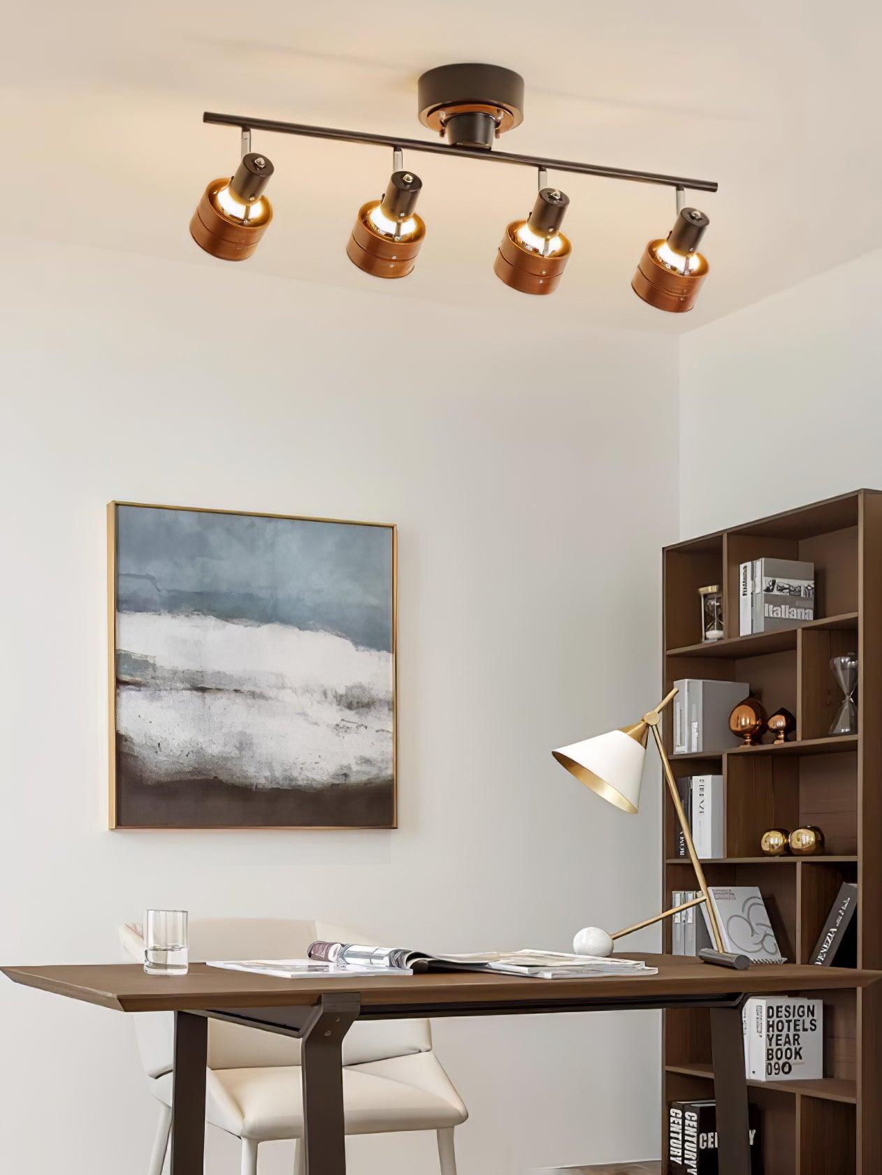 Modern 4 Light Adjustable Wooden Spot Ceiling Lamp with Oak Walnut Finish for Interior Decor