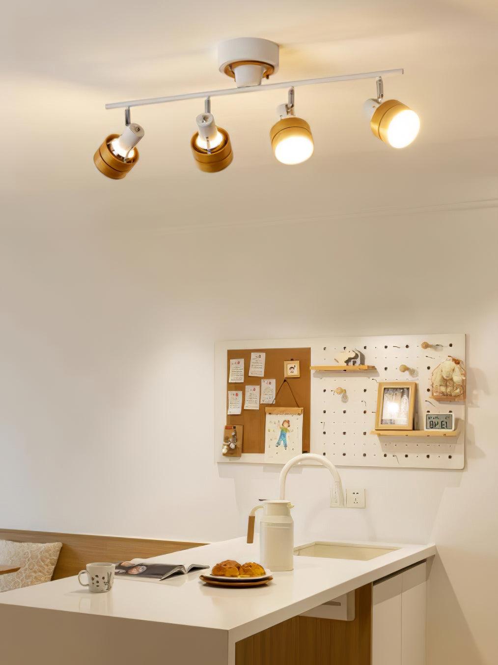 Modern 4 Light Adjustable Wooden Spot Ceiling Lamp with Oak Walnut Finish for Interior Decor