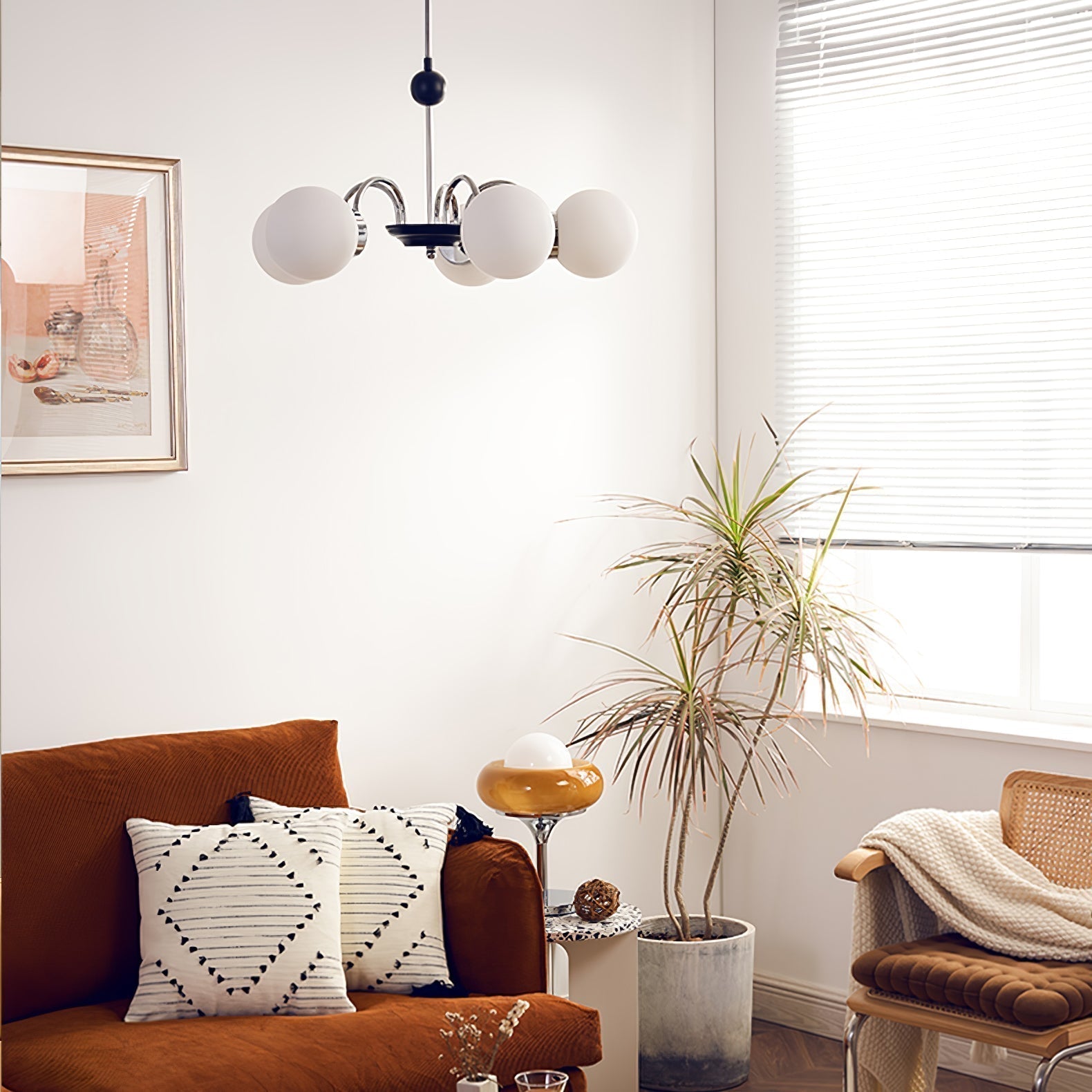 modern-mid-century-glass-globe-chandelier-with-metal-rod-frame-and-white-opal-shades