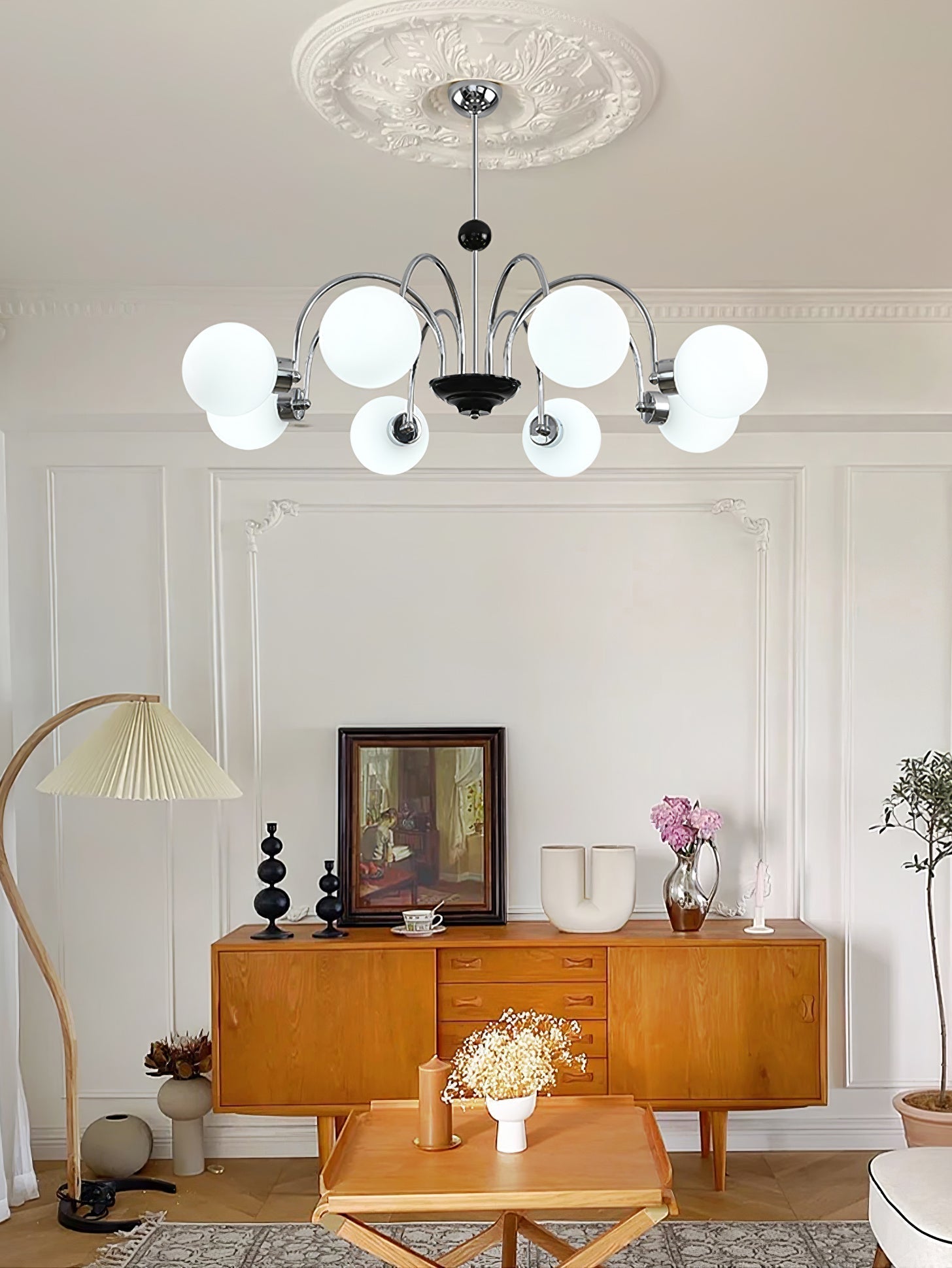 modern-mid-century-glass-globe-chandelier-with-metal-rod-frame-and-white-opal-shades