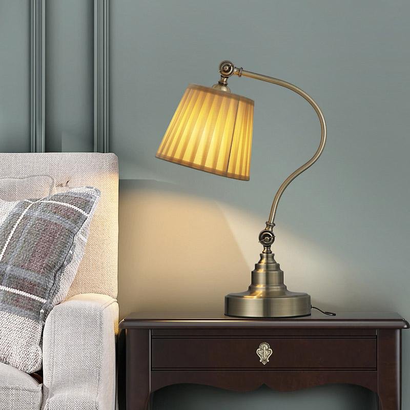 Modern Arched Metal Desk Lamp with Empire Pleated Linen Shade and Adjustable Arm