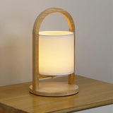Modern Rubber Wood Portable Lantern Table Lamp Cordless Battery Operated Accent Light with Linen Shade