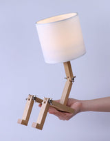 Creative Wooden Sitting Robot Table Lamp with Adjustable Poses and Fabric Drum Shade