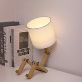 Creative Wooden Sitting Robot Table Lamp with Adjustable Poses and Fabric Drum Shade